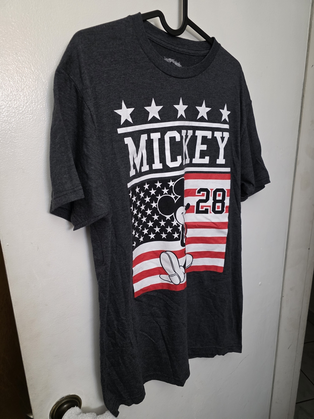 Mickey Graphic Tee in Charcoal with Red & White Flag Print